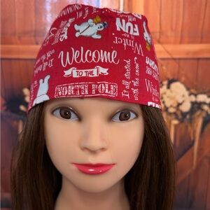 Handmade Frosty Snowman Scrub Cap/ Nurse Hat with Cheer Scattered Throughout.